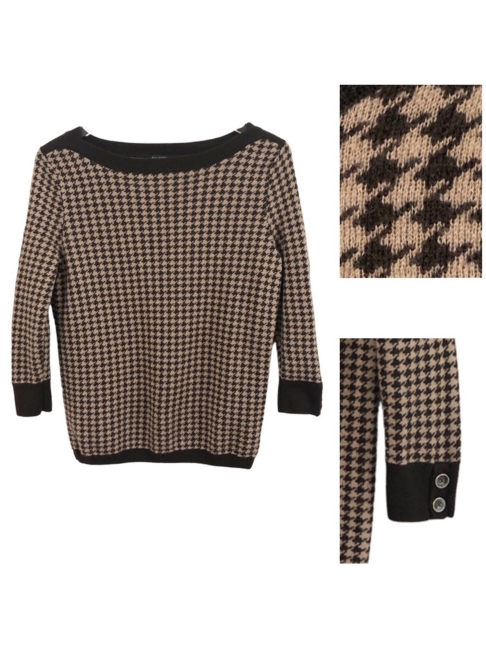 Talbots | Wool Tan Brown Houndstooth Sweater Preppy Petite Medium